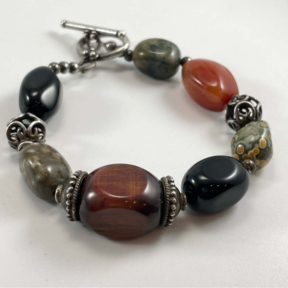 Bulls Tigers Eye Ocean Jasper Carnelian and Black Agate Silver Tone Bracelet